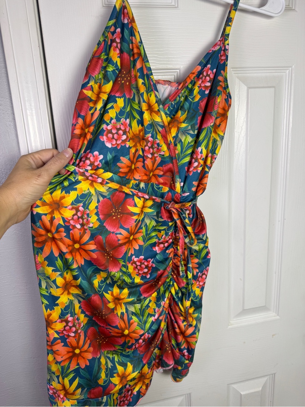 SHEIN Blue Tropical Floral Cami Dress with Orange & Yellow Blooms
